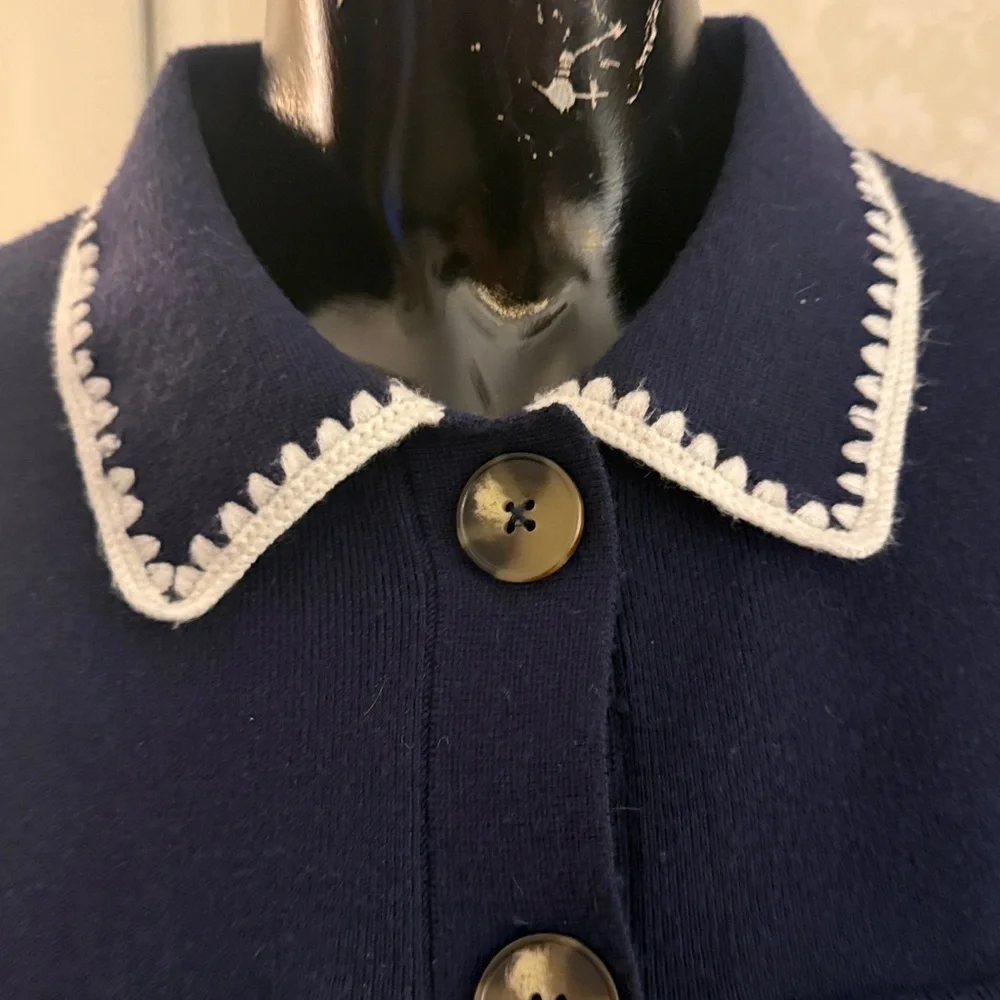 Navy Blue Long Sleeve Collared Button Up Cardigan Sweater Ecru Crochet Trim - Picture 2 of 6